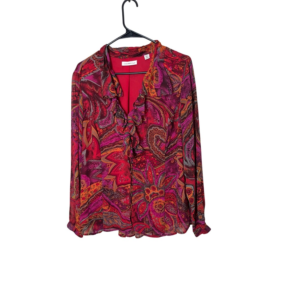 Coldwater Creek Women's 1X Red Pink Orange Paisley Print Ruffled Tie Neck Blouse